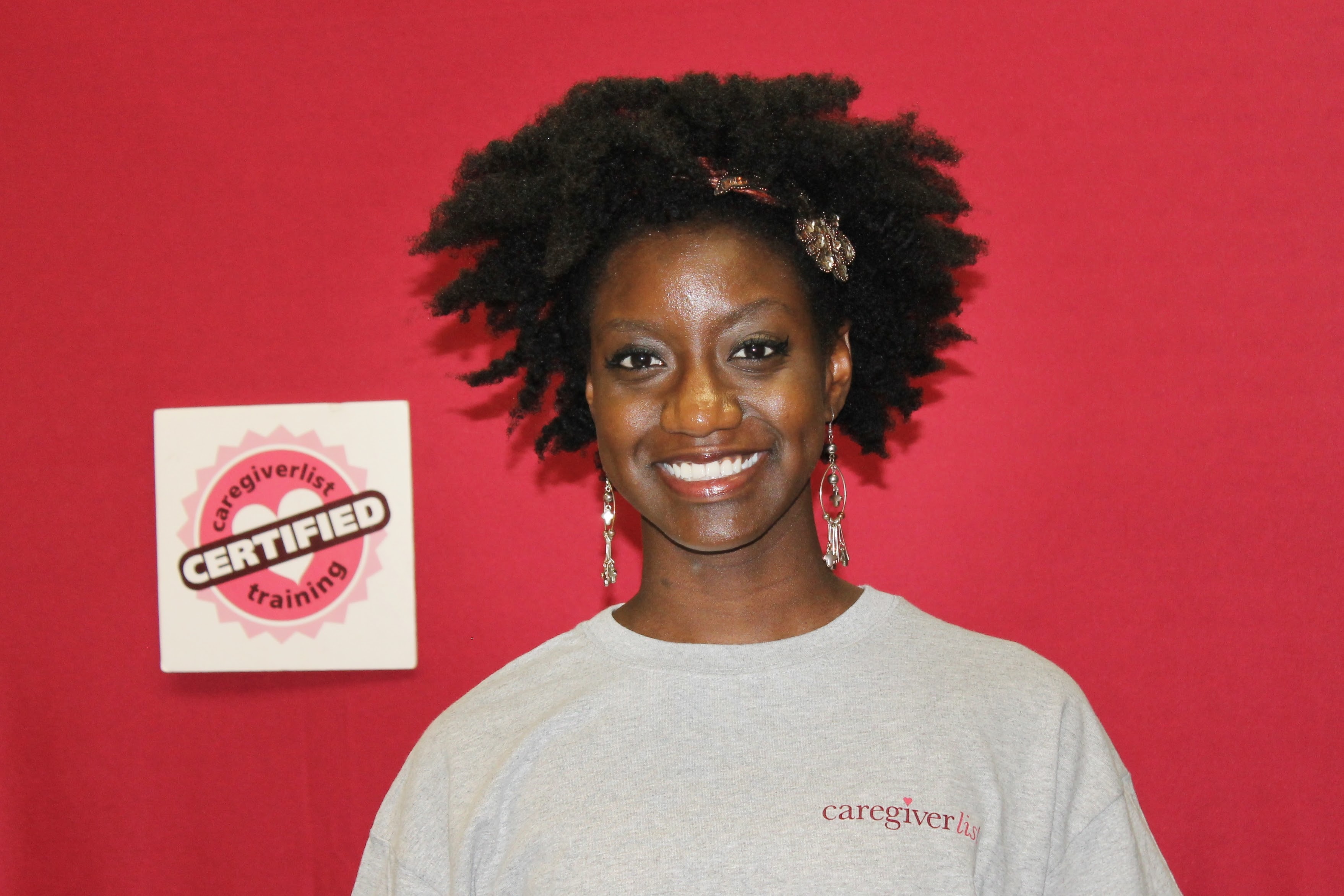 Samantha wearing caregiver training t-shirt